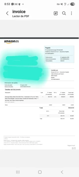 Samsung  Watch Ultra 2025 (Titanio)  Factura