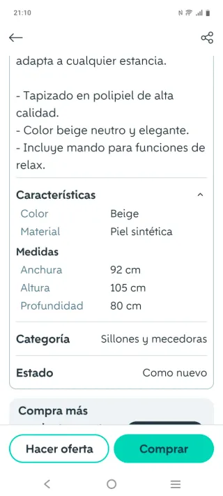 Sillón relax piel beige