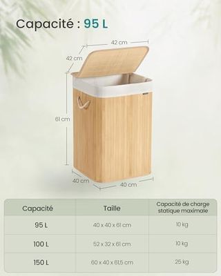 Cesto Ropa Bambú 95L con Tapa 40x40x61 SONGMICS LCB060Y01