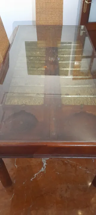 Mesa comedor puerta india madera y cristal+6sillas