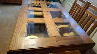 Mesa comedor madera y cristal + 6 sillas rústicas