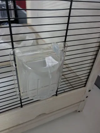 Jaula para pájaros beige y negra