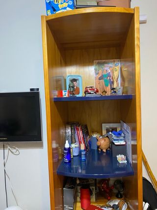Conjunto dormitorio juvenil madera y azul.