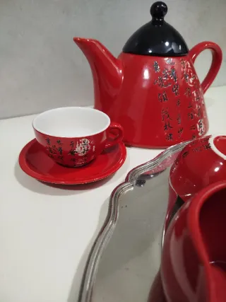 Juego de café de cerámica rojo y negro