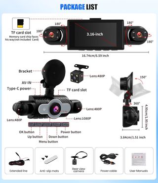 Dash Cam 4 cámaras 1080P, visión 360°