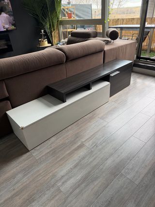 Mueble salón TV madera y tela