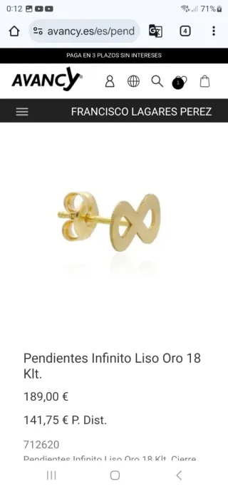 Pendientes Infinito Liso Oro 18 KIt.