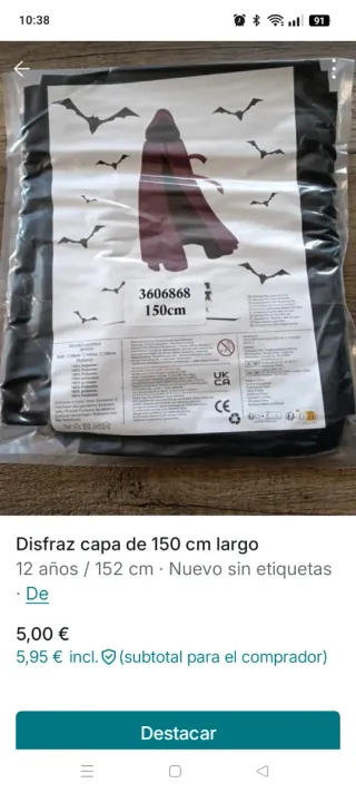 Capa con capucha 150cm.Precintado