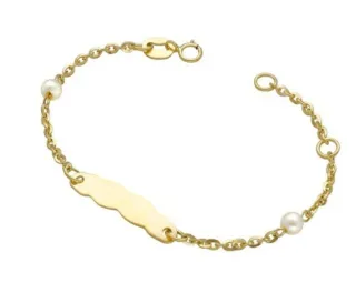 Pulsera Bebé Placa y Perlas Oro 18 Klt