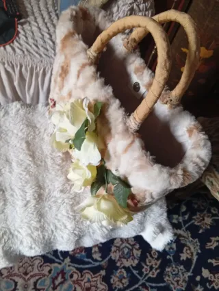 Borsa paglia decorata fiori e peluche