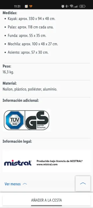 Kayak hinchable Mistral precintado