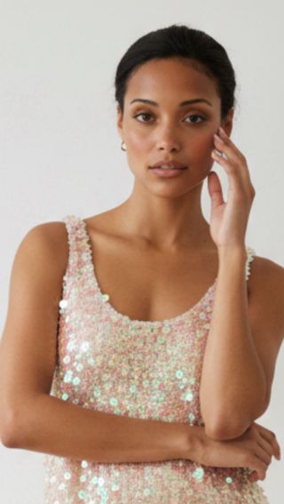 Top de punto con lentejuelas, beige rosa