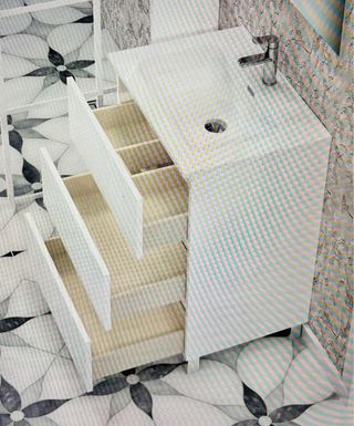 Mueble de baño con lavabo nuevo. Blanco.