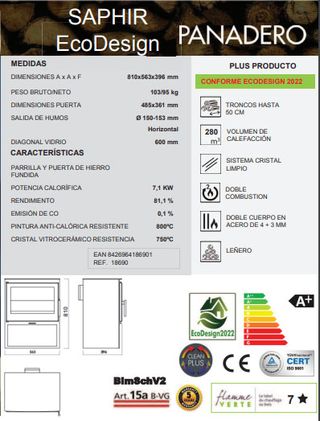 ESTUFA LEÑA PANADERO SAPHIR 7.1kw