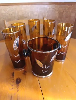 Juego Vasos y Cubitera Vintage Ámbar