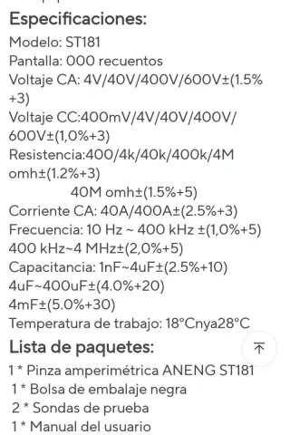 Multímetro Digital ANENG ST181 Pinza Amperimétrica