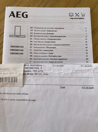 Campana decorativa AEG DBE5661HG 60 cm Inox/Negro