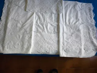 Antiguo juego sábanas encaje bolillo algodón.