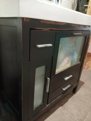 Mueble baño lavabo espejo madera cristal