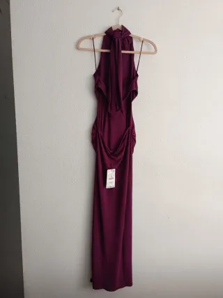 Vestido largo halter fruncido morado Zara