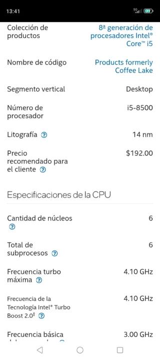 Procesador Intel Core i5-8500 6 núcleos 3.0MHz