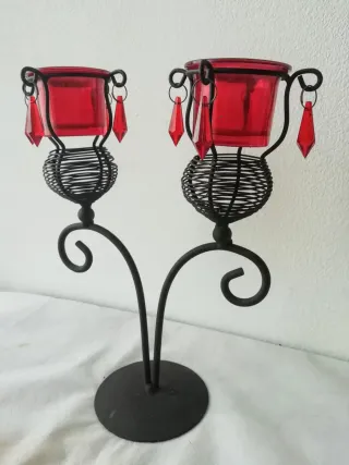 Candelabro vintage ferro e vetro rosso