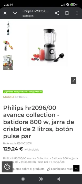 Licuadora Philips HR2096 2L Jarra cristal