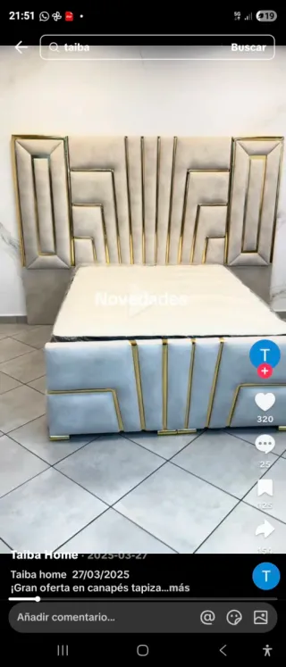 Cama tapizada beige/gris