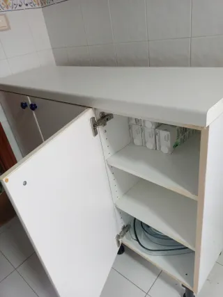 Mueble de cocina blanco con tiradores azules