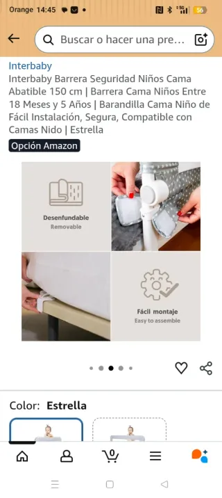 Barrera Cama Niños Abatible 150cm Estrella