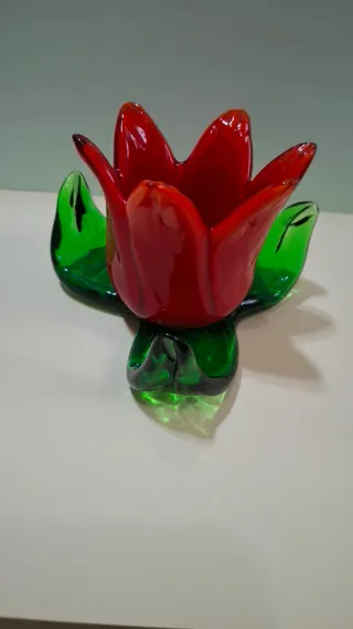 Portacandele Vetro Murano Fiore Rosso Verde