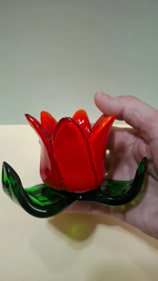 Portacandele Vetro Murano Fiore Rosso Verde