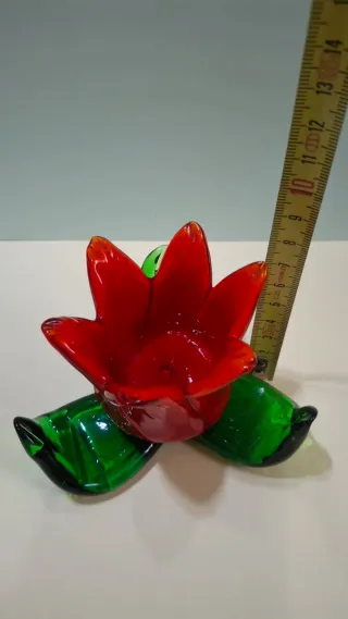 Portacandele Vetro Murano Fiore Rosso Verde