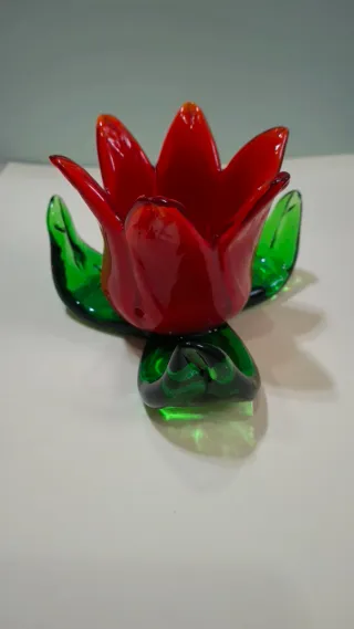 Portacandele Vetro Murano Fiore Rosso Verde