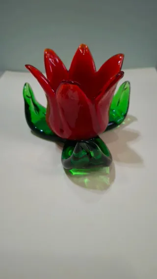 Portacandele Vetro Murano Fiore Rosso Verde