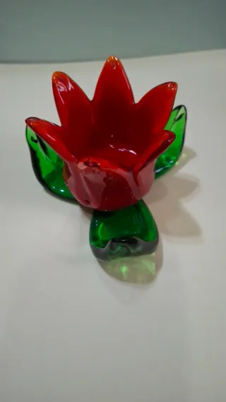 Portacandele Vetro Murano Fiore Rosso Verde