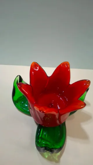 Portacandele Vetro Murano Fiore Rosso Verde