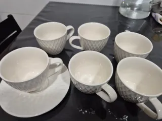 Juego 6 Tazas Porcelana Blanca con 3 Platos
