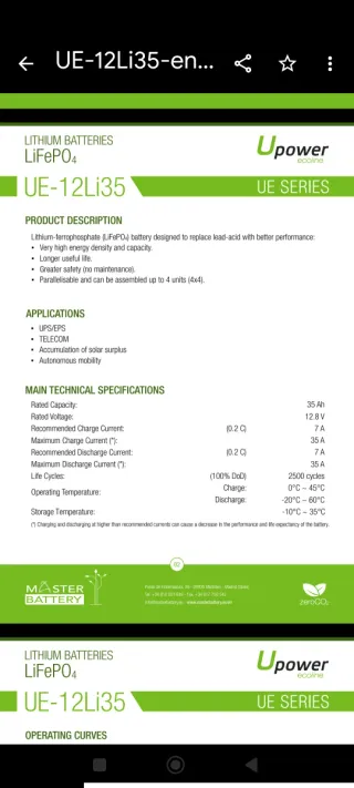 Batería Litio Upower UE-12Li35 12.8V 35Ah