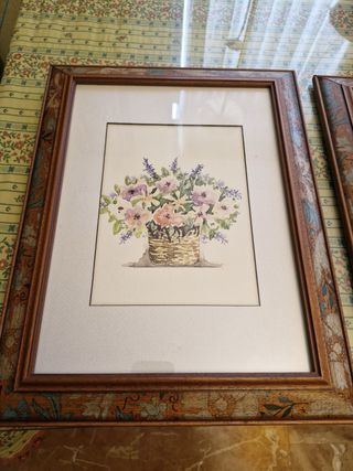 2 Quadri ad Acquerello di Cesto di Fiori in Legno