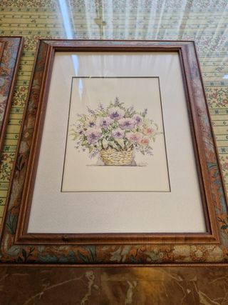 2 Quadri ad Acquerello di Cesto di Fiori in Legno