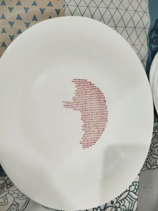 Juego de platos blancos con borde rojo