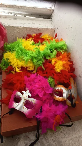 Máscaras y plumas de colores para fiestas