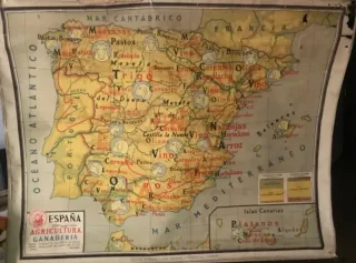 Mapa escolar antiguo España Agricultura Ganadería