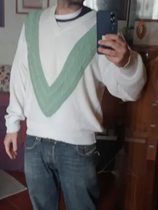 Maglione Vintage V-Neck Verde Bianco
