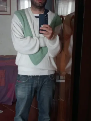 Maglione Vintage V-Neck Verde Bianco