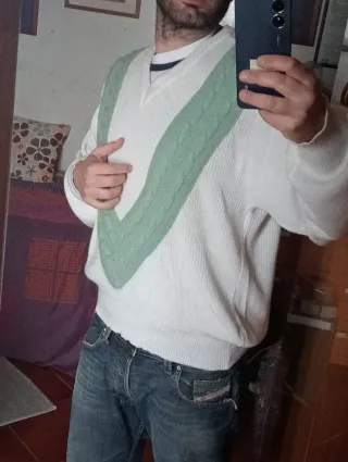 Maglione Vintage V-Neck Verde Bianco