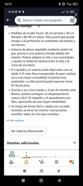 Silla de estudio infantil rosa y blanca