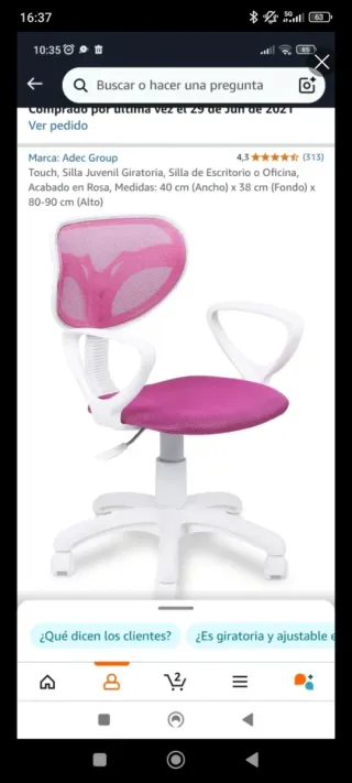 Silla de estudio infantil rosa y blanca