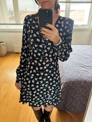 Vestido Mango flores negro y verde